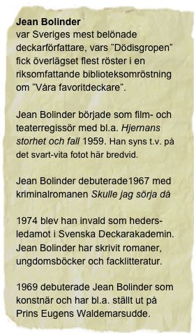 Jean Bolinder
var Sveriges mest belönade deckarförfattare, vars ”Dödisgropen” fick överlägset flest röster i en riksomfattande biblioteksomröstning om ”Våra favoritdeckare”.

Jean Bolinder började som film- och teaterregissör med bl.a. Hjernans storhet och fall 1959. Han syns t.v. på det svart-vita fotot här bredvid.

Jean Bolinder debuterade1967 med kriminalromanen Skulle jag sörja då

1974 blev han invald som heders-ledamot i Svenska Deckarakademin.
Jean Bolinder har skrivit romaner, ungdomsböcker och facklitteratur.

1969 debuterade Jean Bolinder som konstnär och har bl.a. ställt ut på Prins Eugens Waldemarsudde.
Mer kan du läsa på
www.jeanbolinder.se


